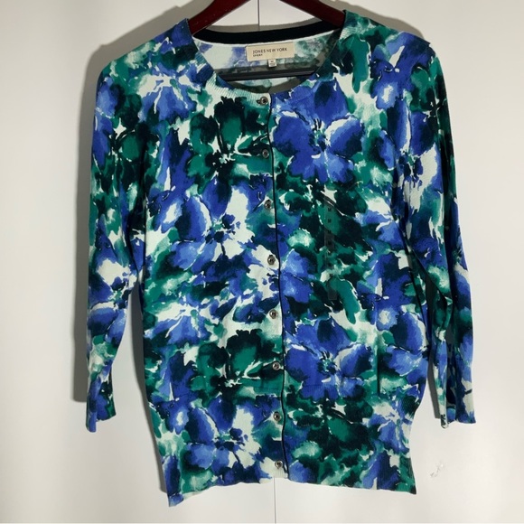 Jones New York Blue Green White 3/4 Sleeves Button Up Sweater Round Neck Size M - Picture 10 of 16